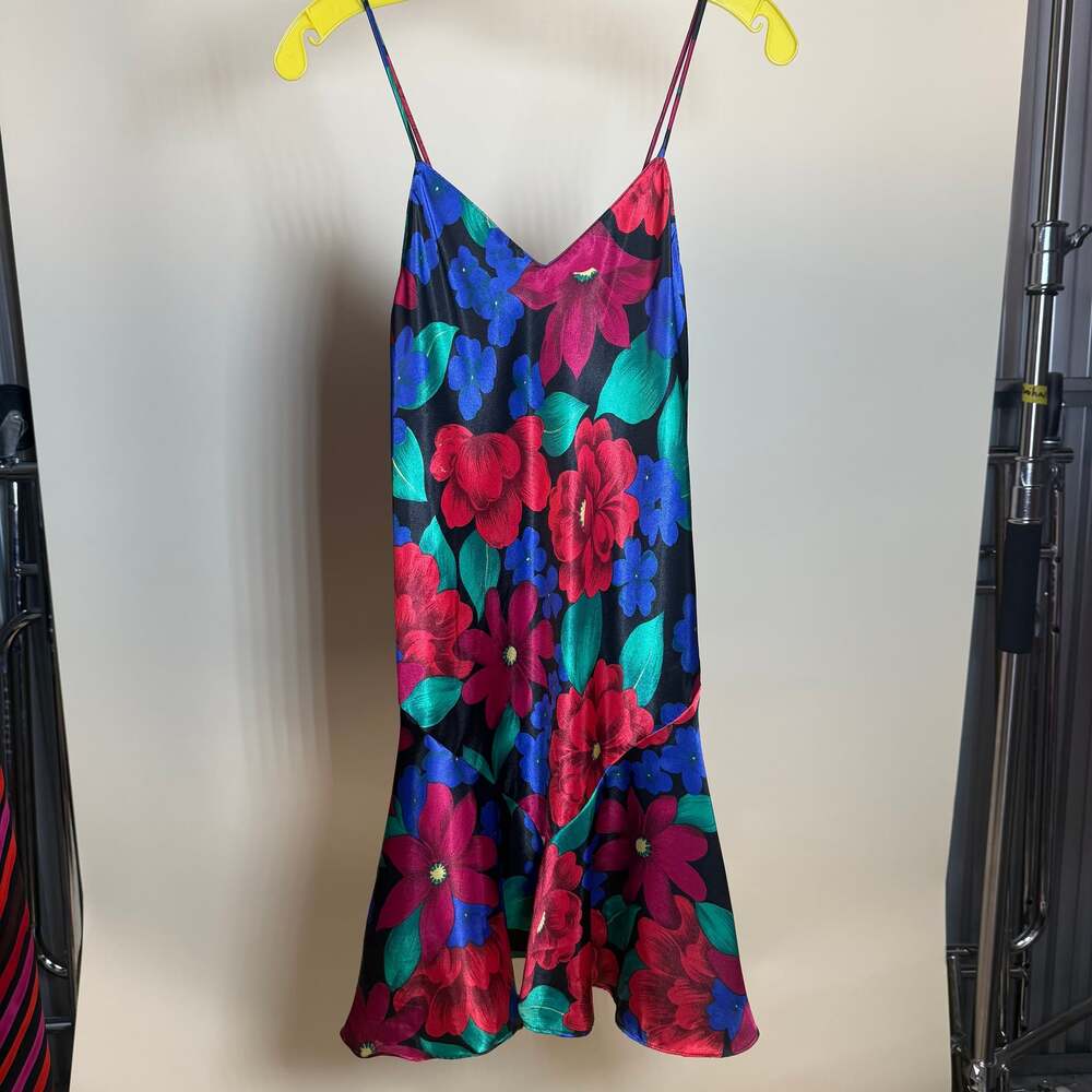 Vintage 90s Barbizon Satin Lingerie Slip Dress & Robe Navy Floral Size M -